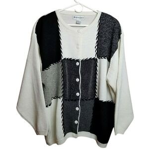 Dressbarn Black White Patchwork Cardigan Sweater 3X Wool Blend Cozy Grandmacore